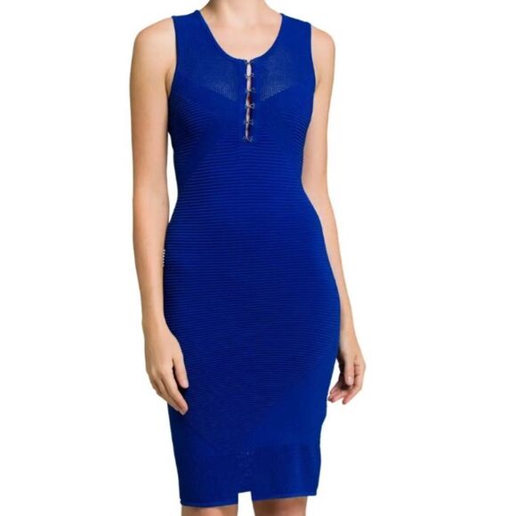 Guess Stretchy Blue Sleevelsee Dress Hook And Eye 1/4 V Neck Size Small - Picture 1 of 16